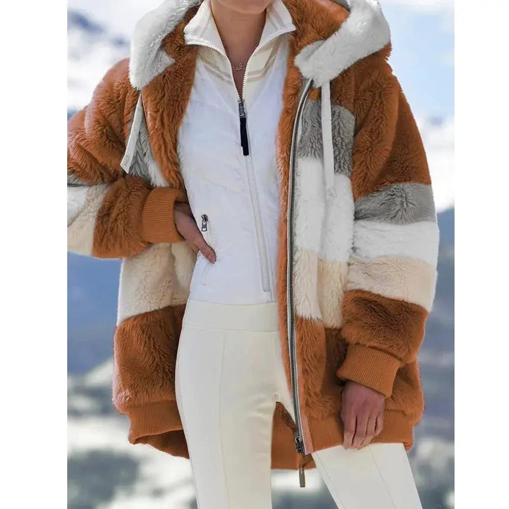 LuxeNest Oversized Hooded Plush Jacket For Women Cozy Warm Autumn Winter Coat With Zipper And Pockets
