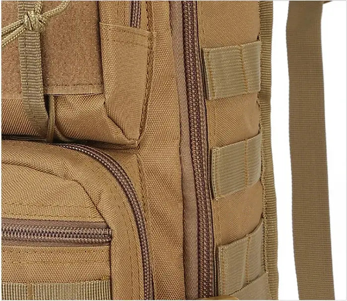 Tactical sling bag in tan with MOLLE webbing and front zipper pockets, compact outdoor daypack.