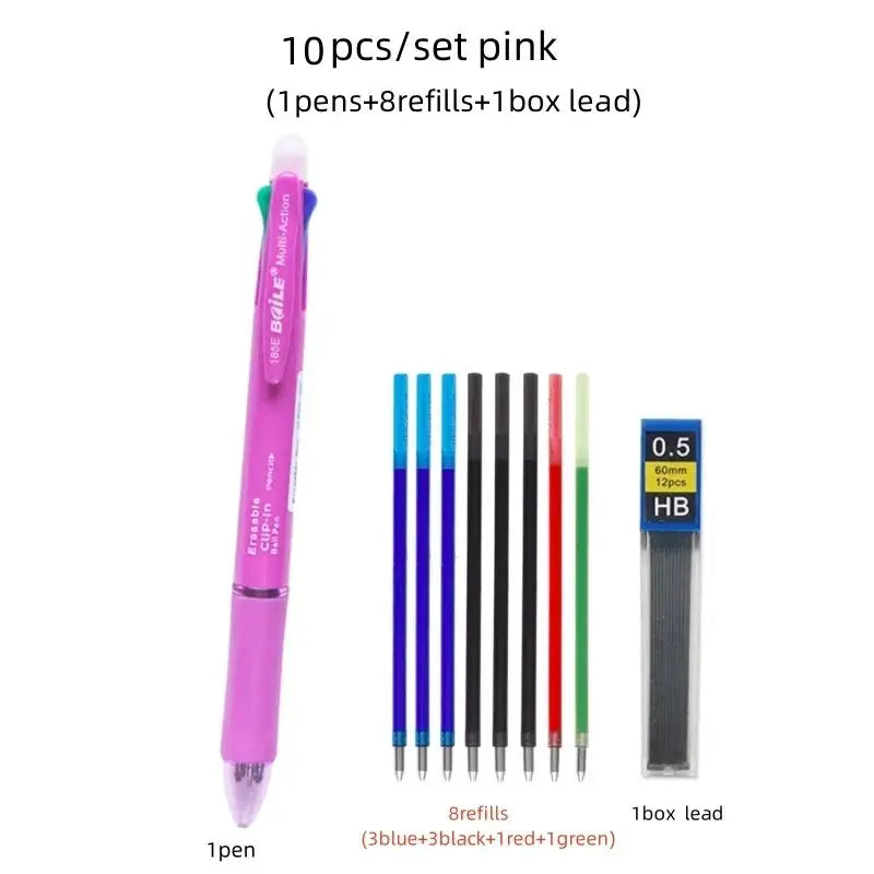 Simples Market pink 5-in-1 erasable gel pen set with 8 refills and 1 box lead
