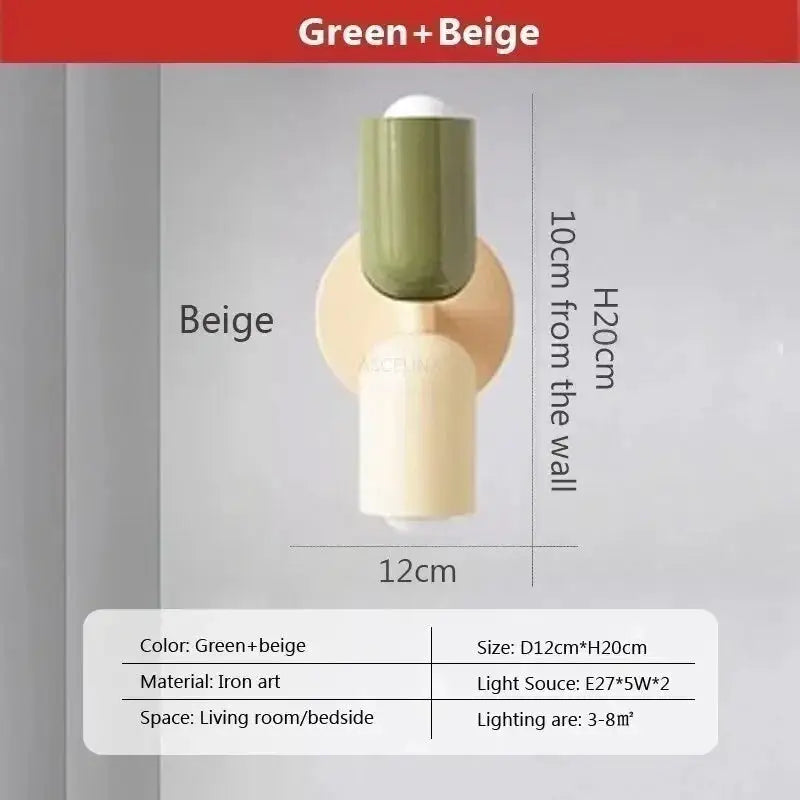 Nordic LED wall lamp with double heads in green+beige, iron art fixture, 12cm dia x 20cm high