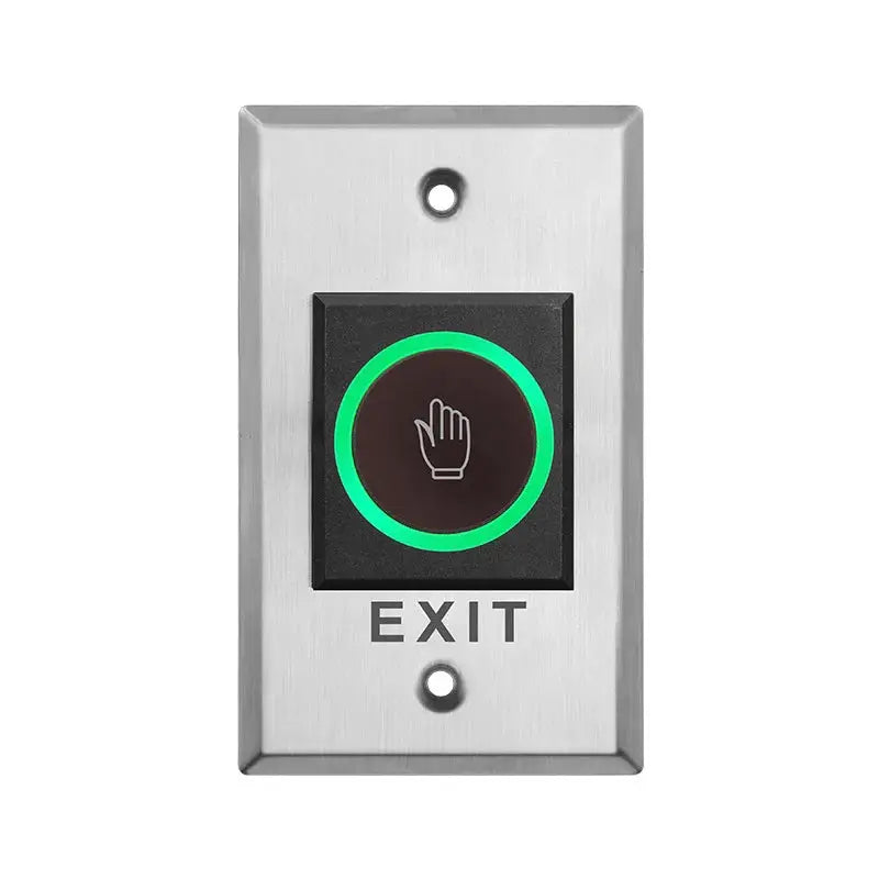 Stainless steel infrared touchless exit button panel with green LED ring and EXIT label