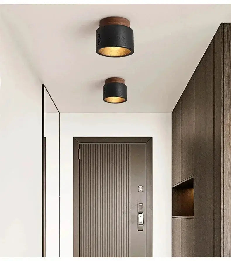 Wabi-sabi ceiling lamp, black cylindrical fixture with wood accents, 2-pack for hallway lighting
