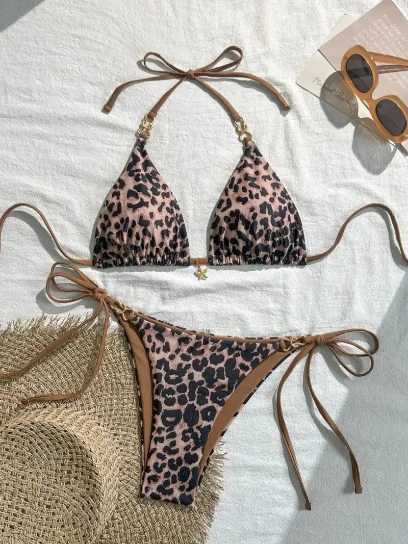 Leopard print 2-piece bikini set by Simples Market with tan string ties.