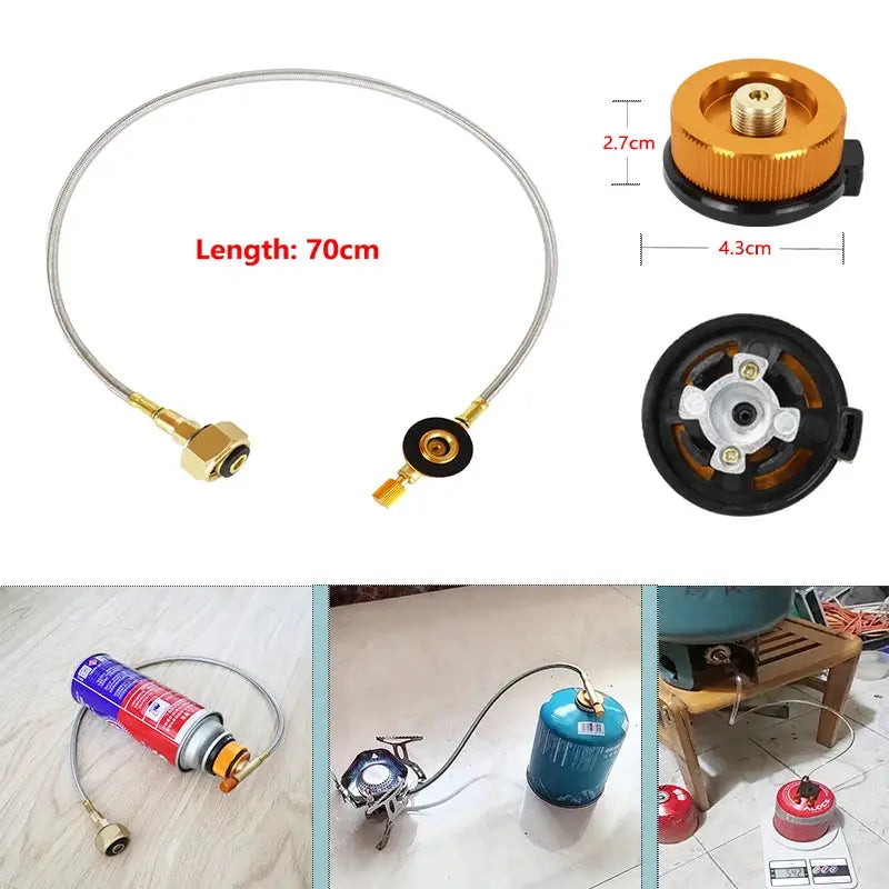 Camping gas refill adapter hose, 70cm braided stainless steel with brass fittings and seals for propane cylinders