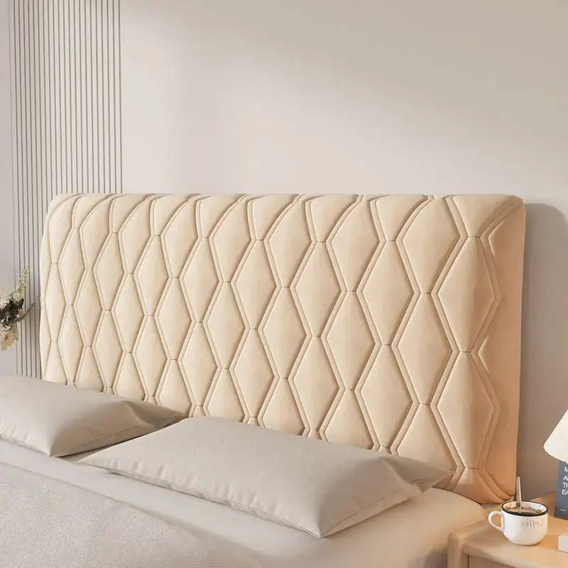 Queen size stretch velvet headboard cover on a beige tufted upholstered headboard