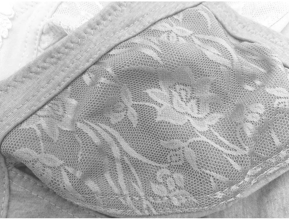 Large-size lace bra cup close-up in white floral mesh fabric