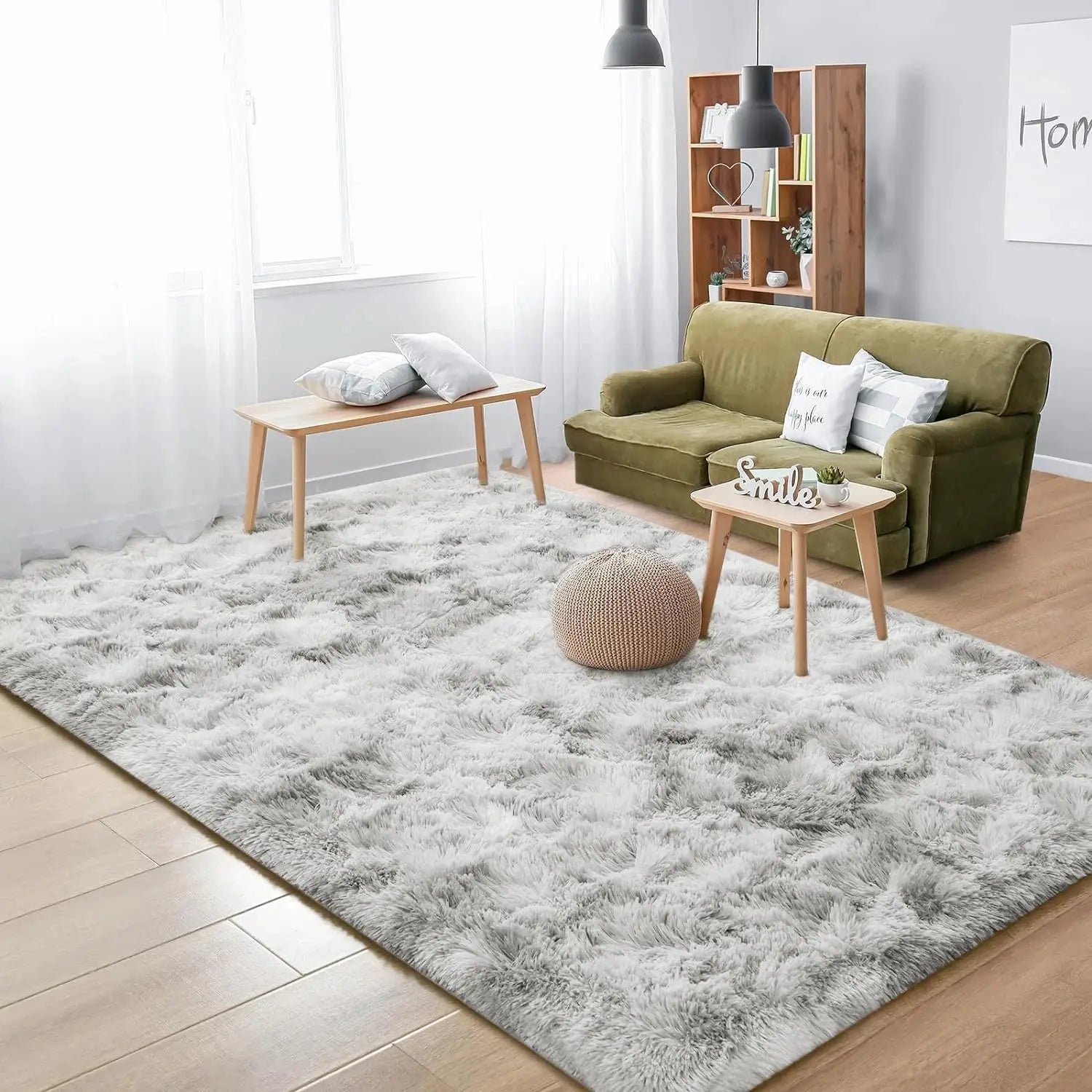 Simples Market tie-dyed dark gray shaggy rug for living room, washable non-slip floor mat.