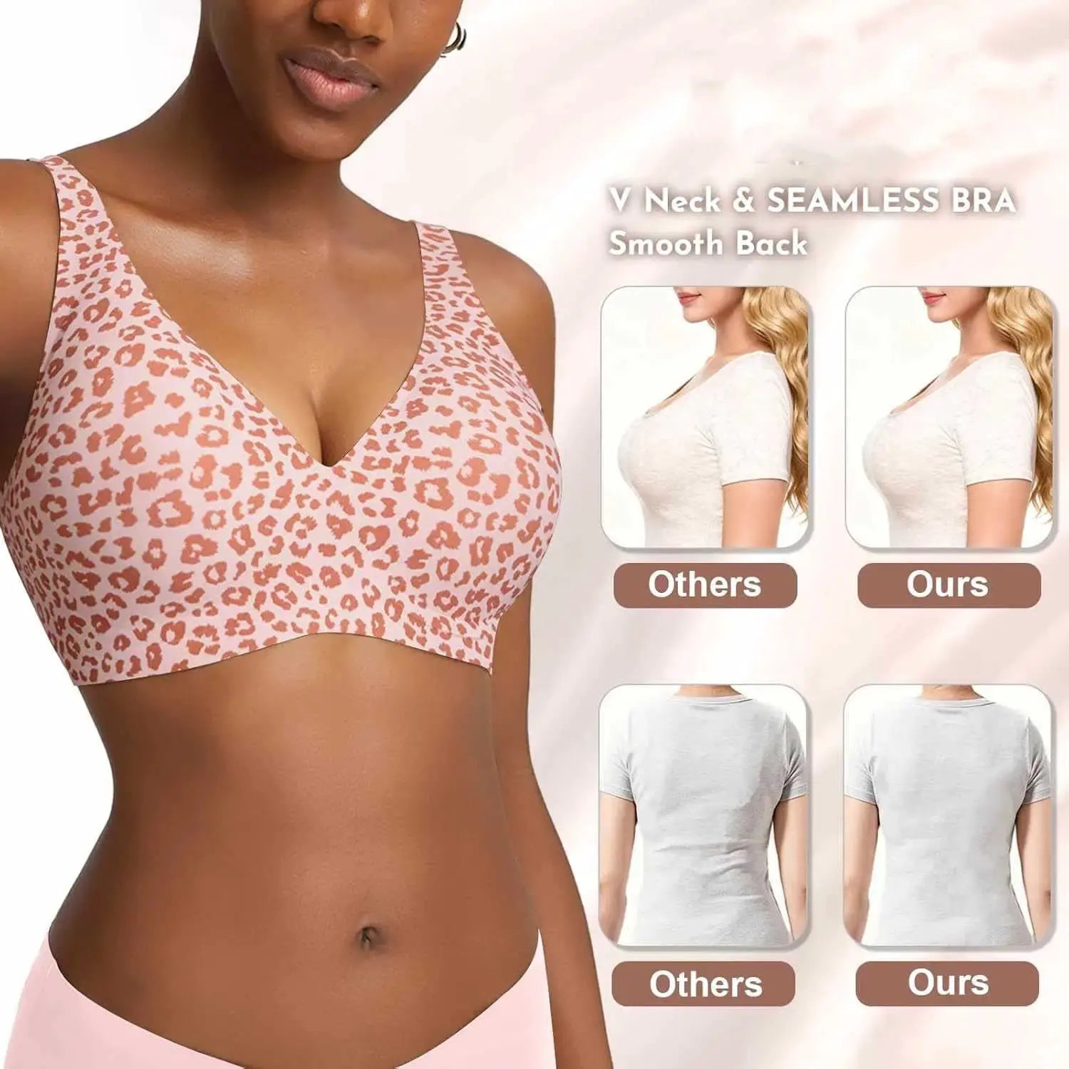 Women's seamless pink leopard-print bra with V-neck, wire-free full-cup support