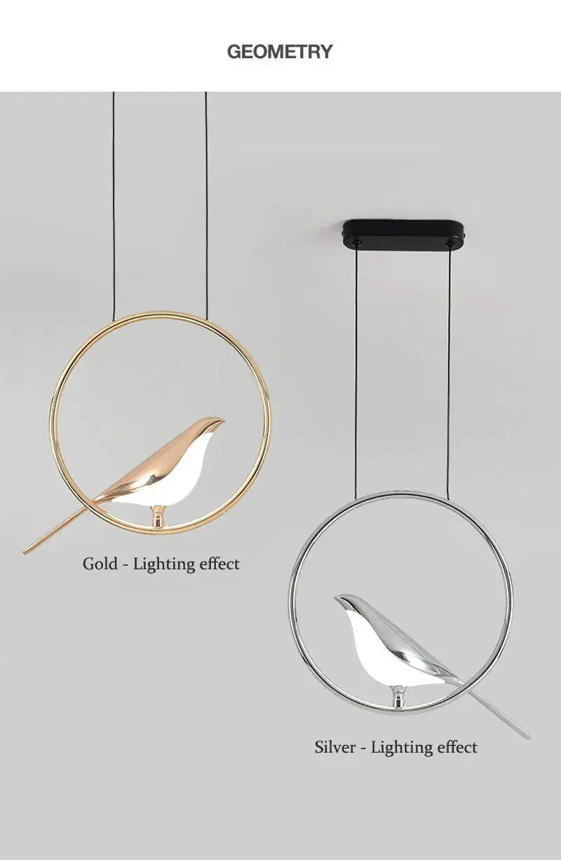 Rotatable magpie bird LED pendant light set; two circular ring pendants in gold and silver for bedroom