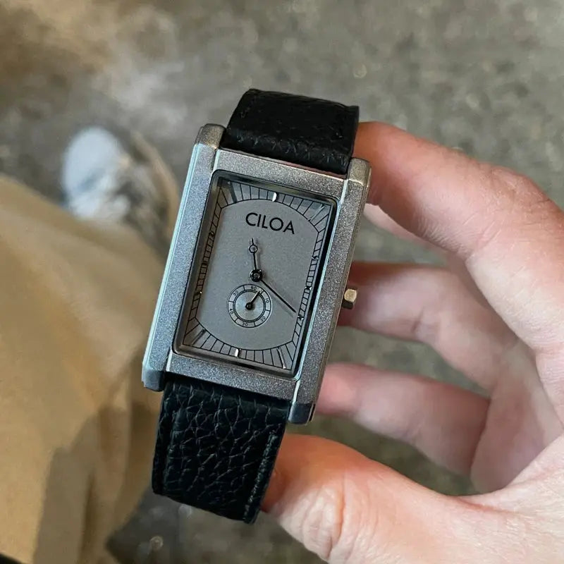CILOA rectangular men's quartz watch with silver-tone case, grey dial, black textured leather strap gift-ready