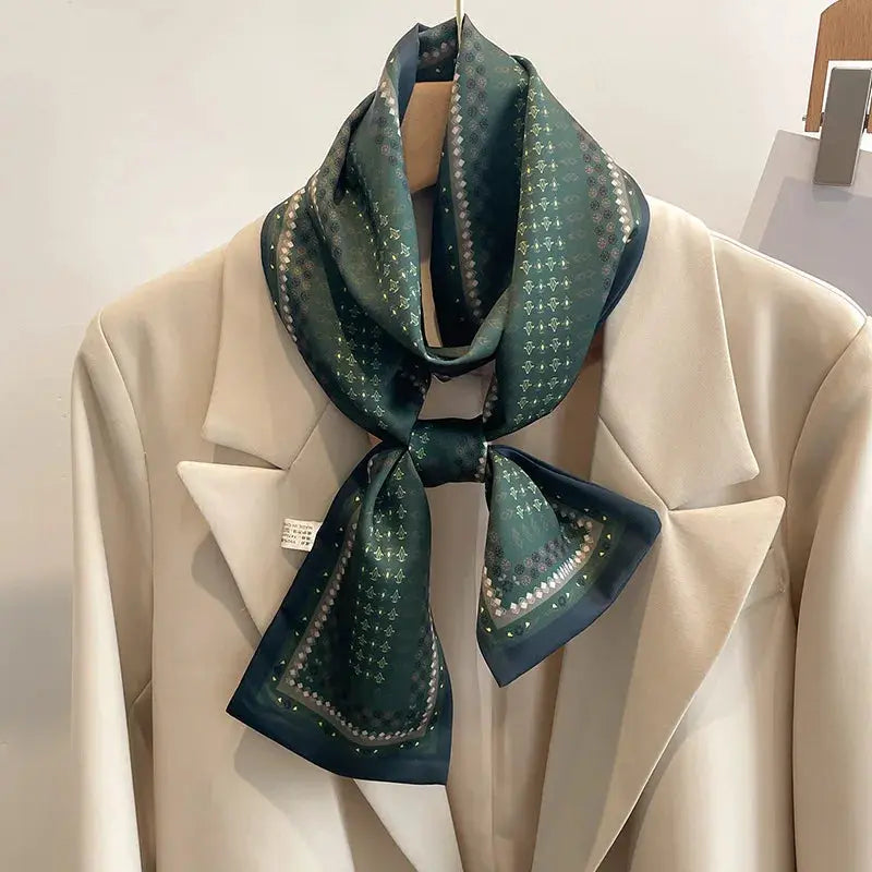 LuxeSilk Silk Feel Printed Design Scarf Versatile Long Narrow Silk Shawl For Fashionable Styles