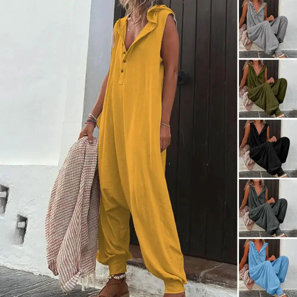 Women's mustard yellow cotton overalls jumpsuit, sleeveless with front buttons; five color options shown