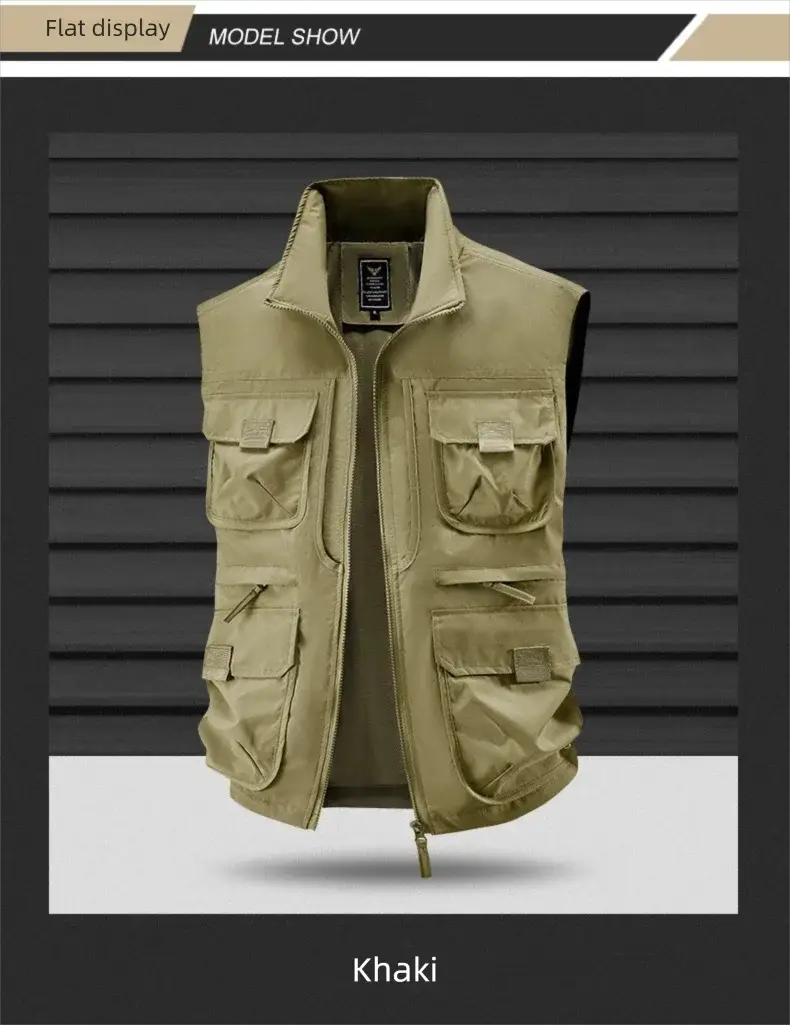 Simples Market khaki men's outdoor multi-pocket vest, large size with vertical collar and breathable quick-dry fabric