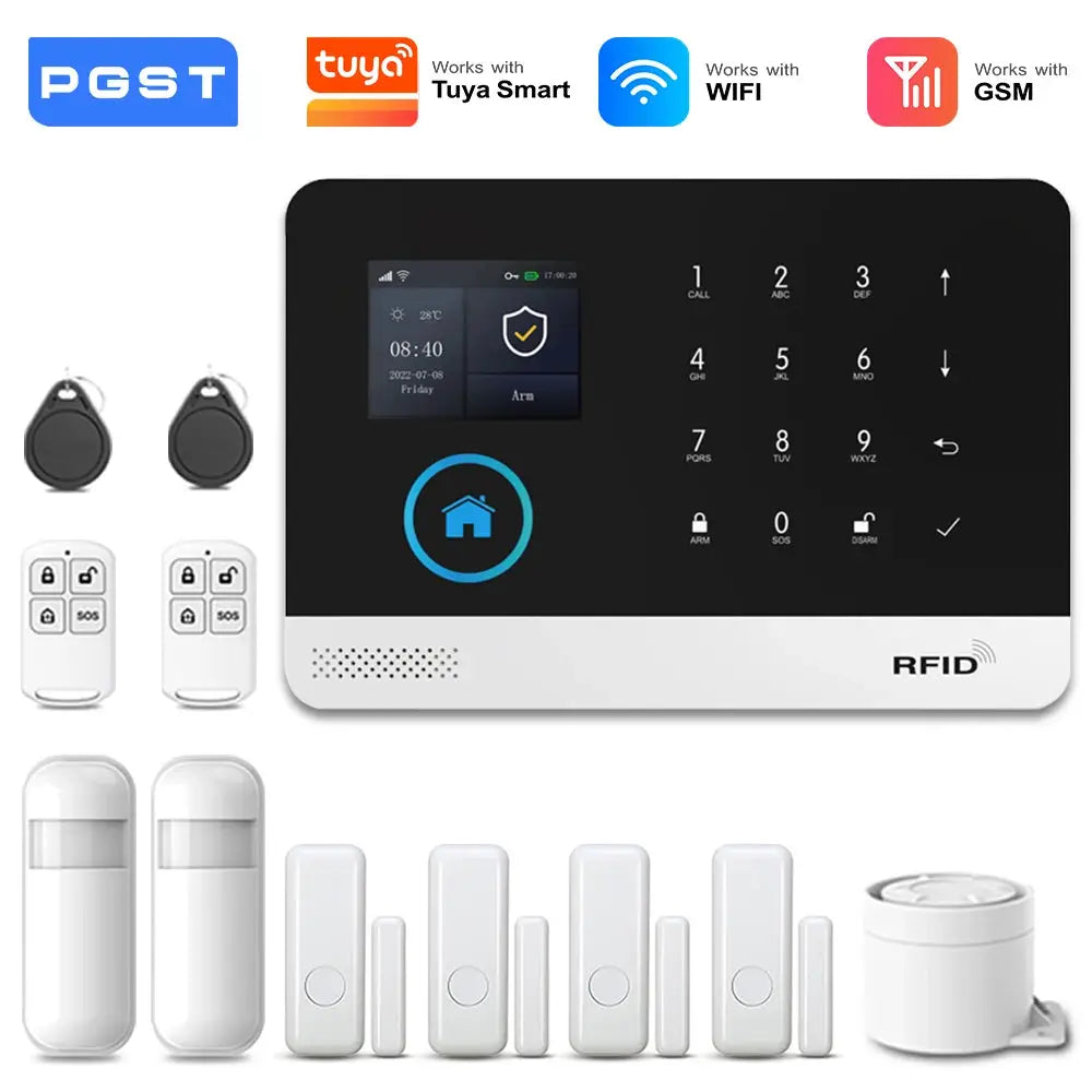 PGST wireless home security alarm system with 4G/2G WiFi GSM, PIR sensors, RFID keypad, remotes.