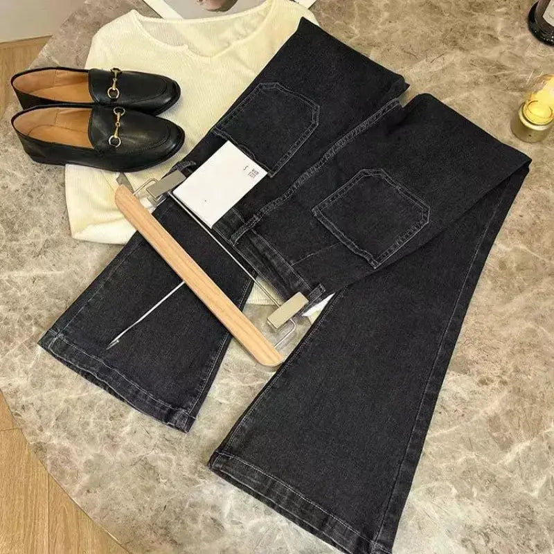 High Waist Loose Jeans Pockets Vintage Washed Denim Flare Trousers
