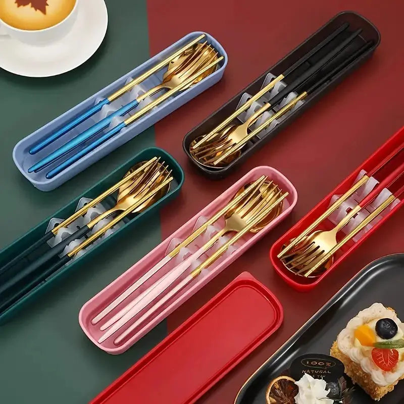 Three Piece Portable Stainless Steel Cutlery Set Chopsticks Forks Spoons For Students Home And Outdoor Picnics