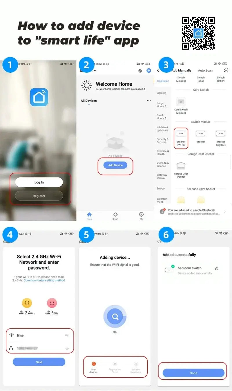 Mini 16A WiFi smart switch by Simples Market for Smart Life app, Alexa/Google Home compatible, six-step setup collage.