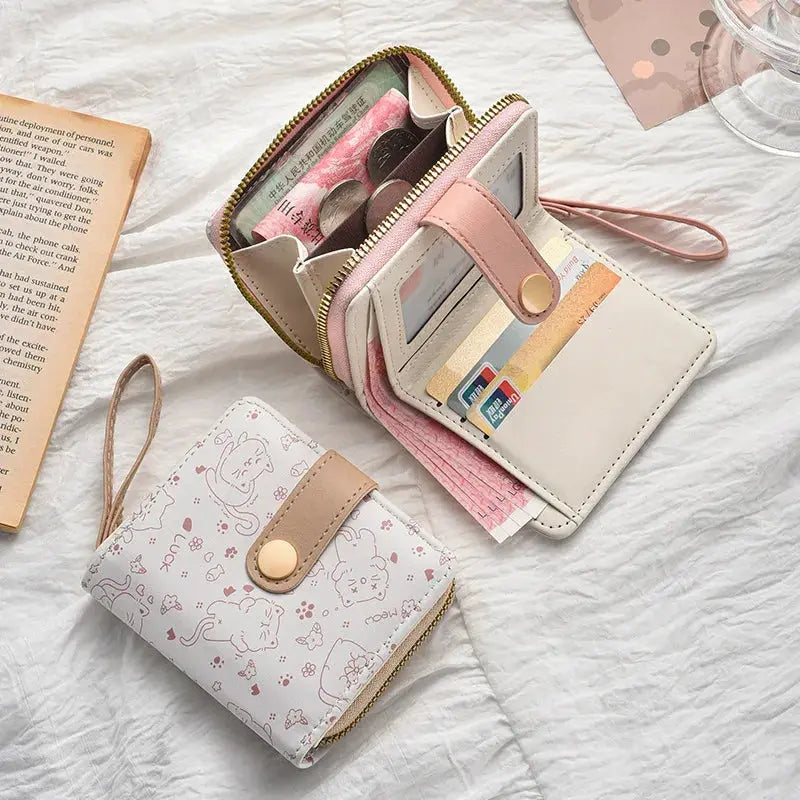 Simples Market pink beige zipper wallet and cat-pattern coin purse set with card slots (2 pieces)