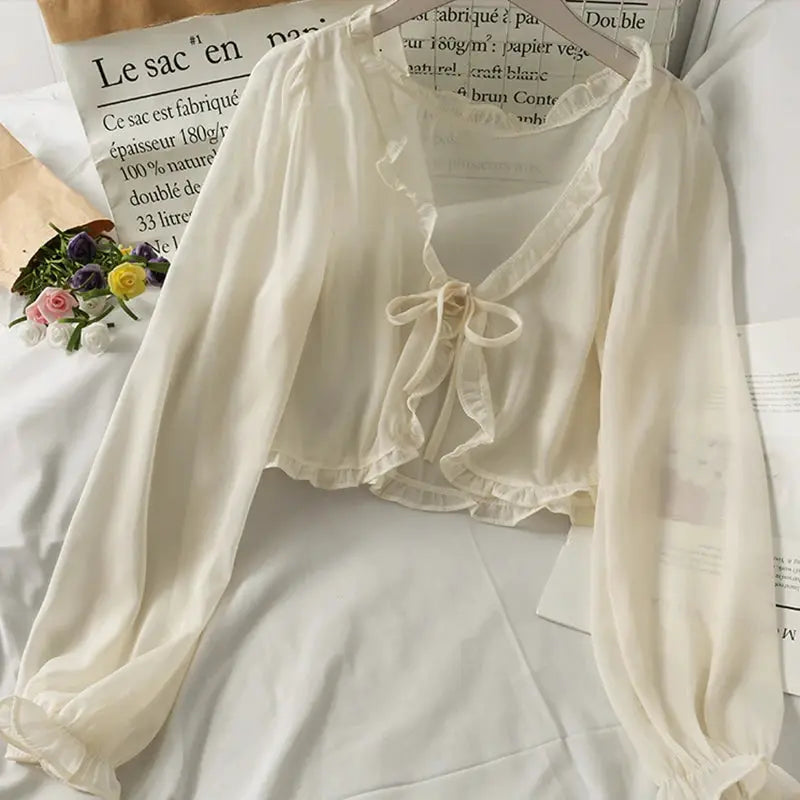 Long sleeve lace bow cardigan blouse by Simples Market, cream breathable sheer fabric
