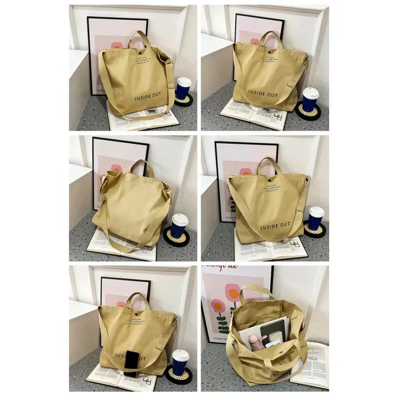 Beige canvas crossbody bag by Simples Market with INSIDE OUT print, large capacity