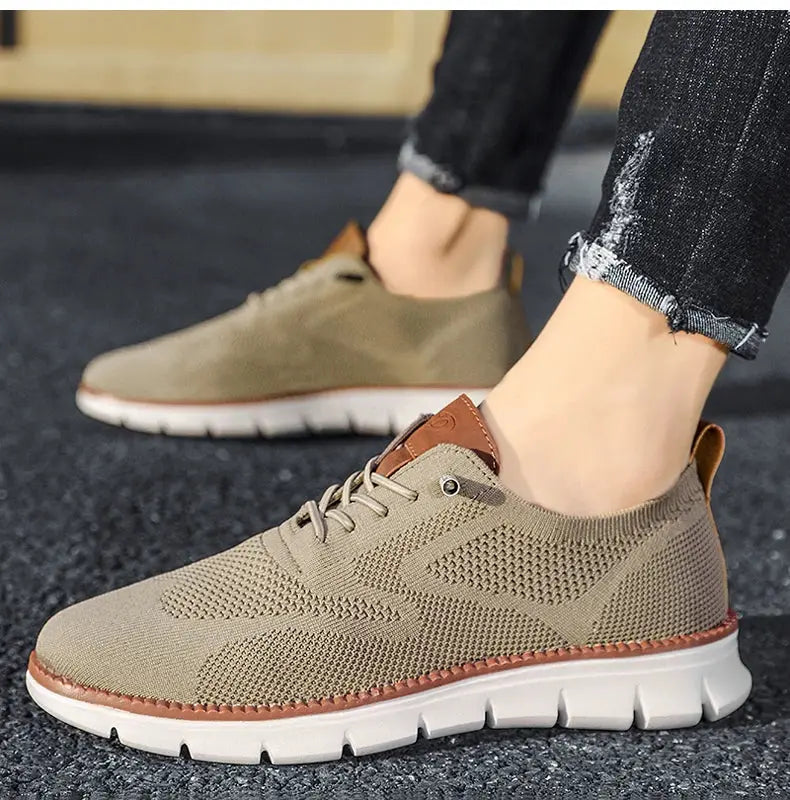 Pair of Simples Market men's beige breathable mesh casual shoes with brown leather accents and white sole