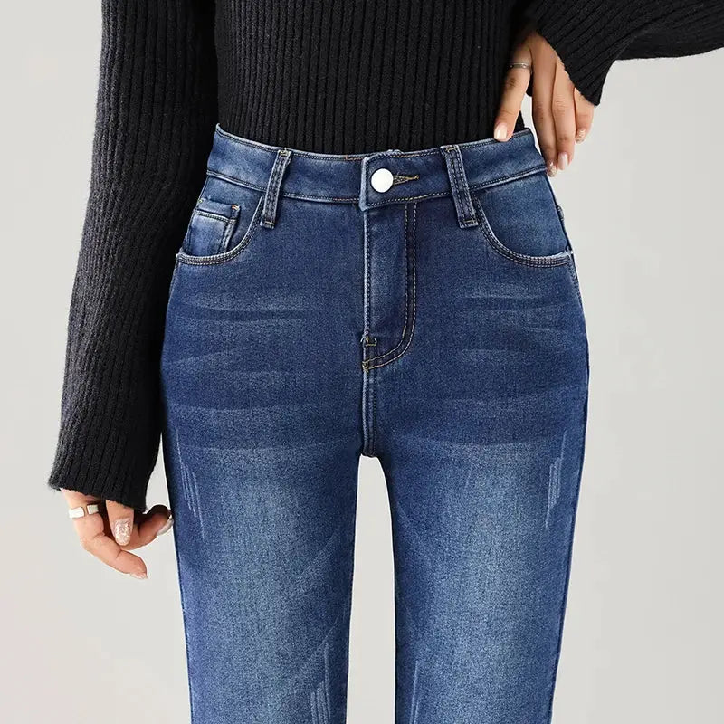 Women Thermal Jeans Fleece Lined Warm Stretch Slim Fit Pants Korean