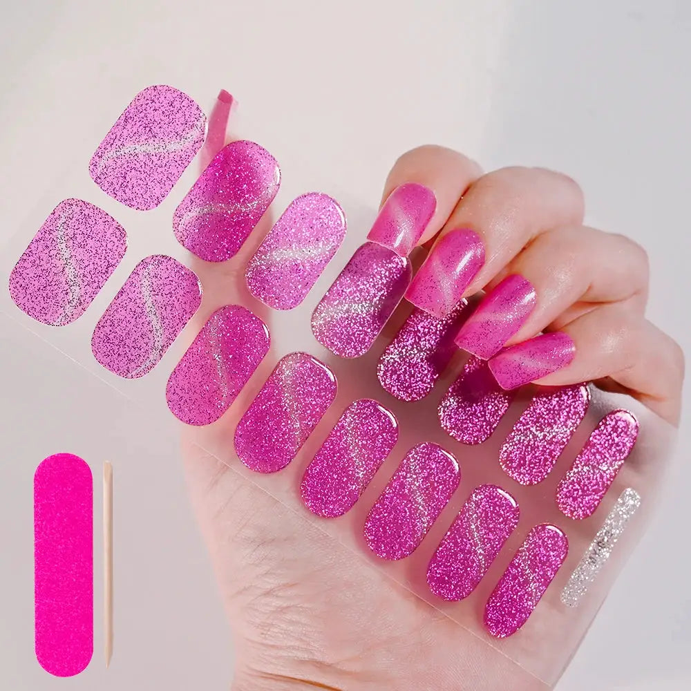 Pink glitter semi-cured gel nail wraps; full-cover decals displayed on a hand with a glitter swatch sheet