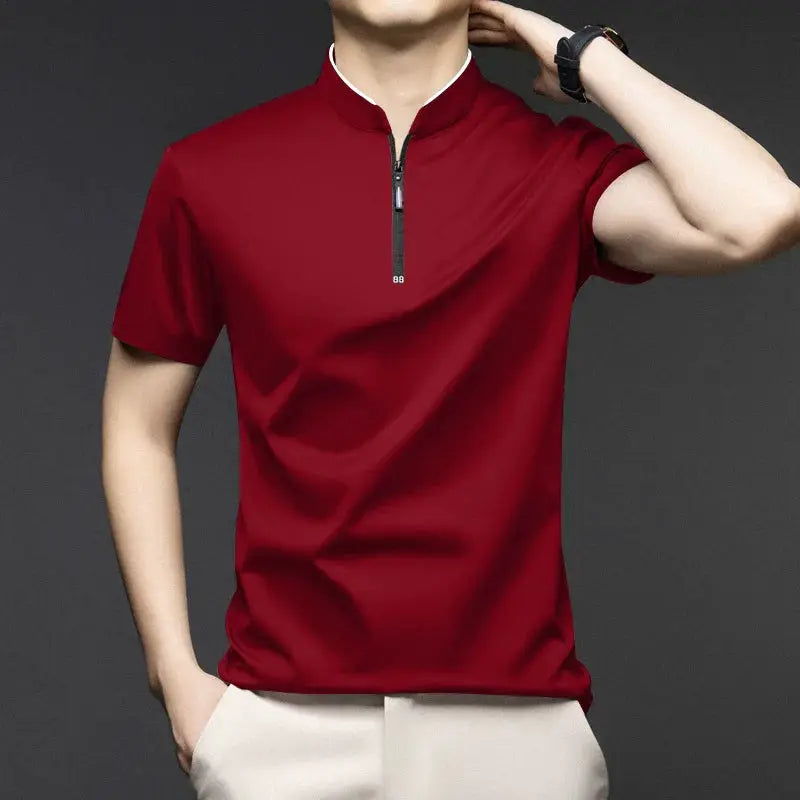 Men's red short-sleeve polo shirt with a stand-up collar and zipper