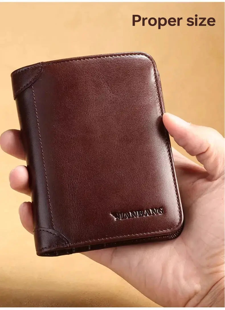 Men's brown genuine leather wallet, compact short bi-fold design, Simples Market