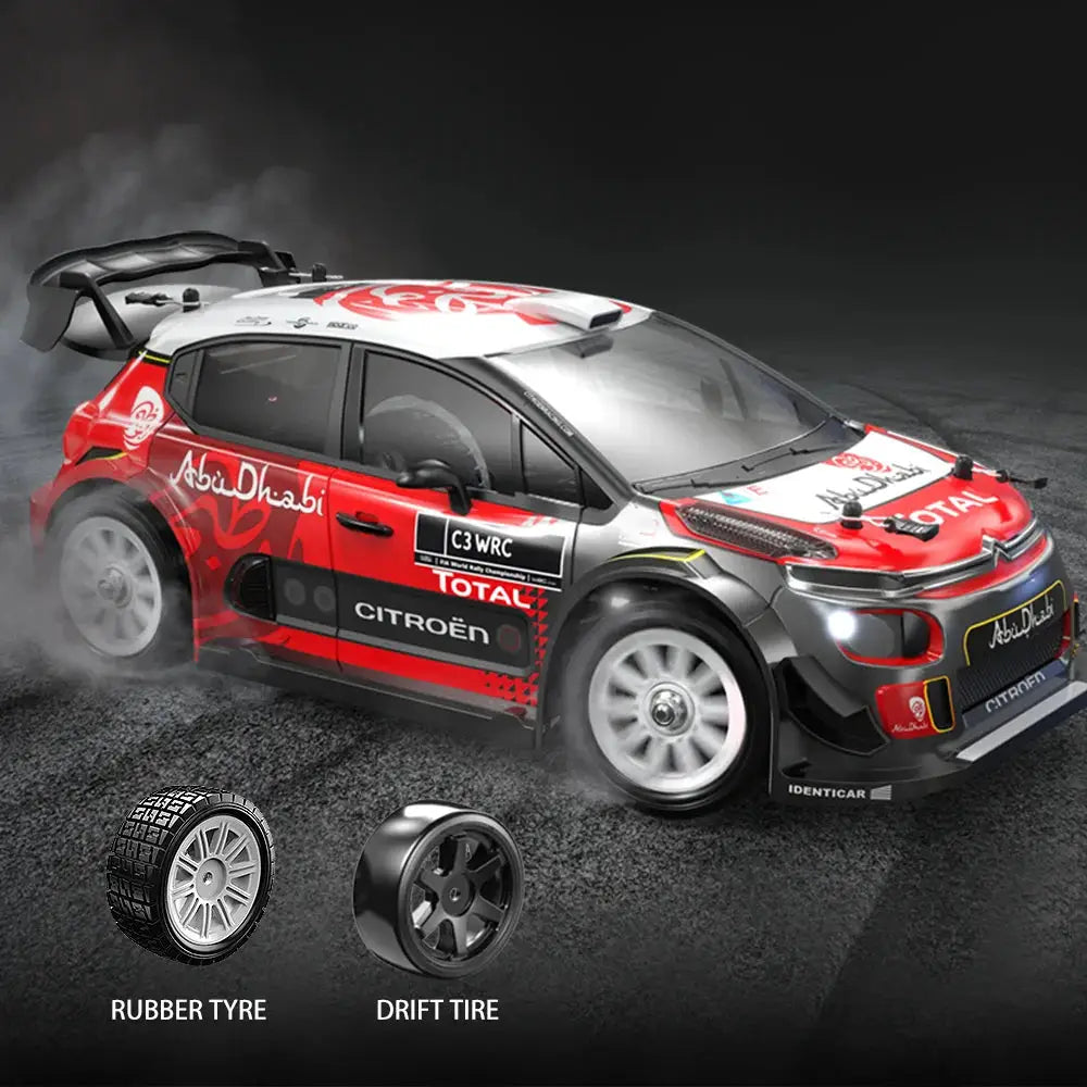 RC drift car 1/14 scale in red and white racing livery; Simples Market; rubber and drift tires shown.