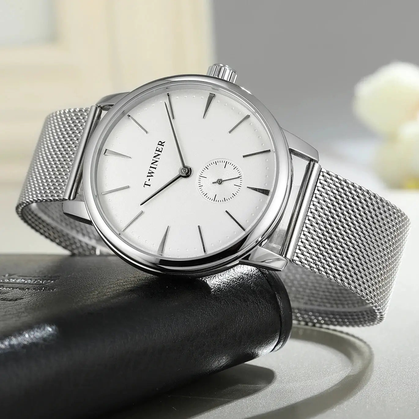 T-WINNER men's wristwatch with silver mesh strap and white dial