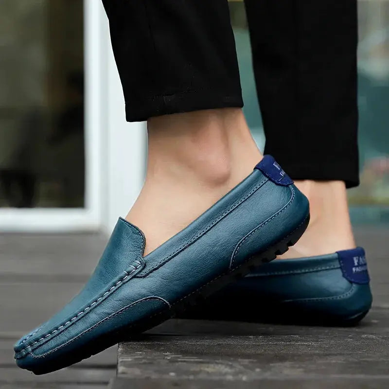 Simples Market men's blue genuine leather breathable moccasin loafers, slip-on casual shoe