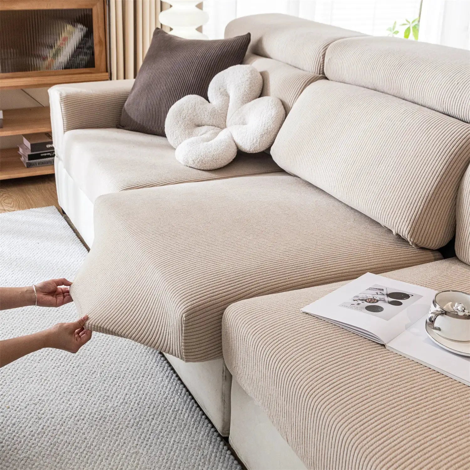 Beige striped jacquard stretch sofa seat cushion cover, removable and washable
