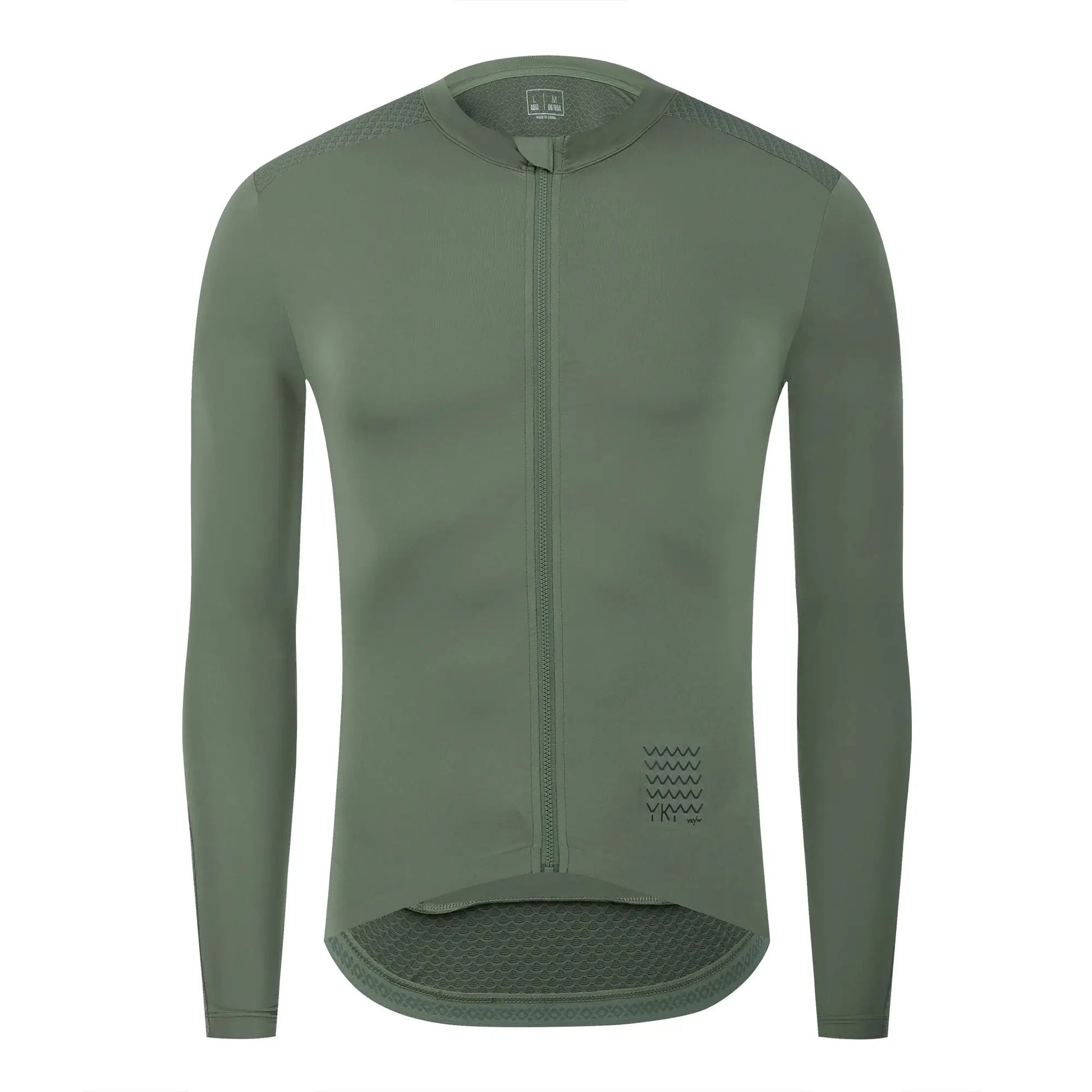 YKYWBIKE men's olive green long-sleeve cycling jersey with front zipper and textured shoulder panels, Simples Market.