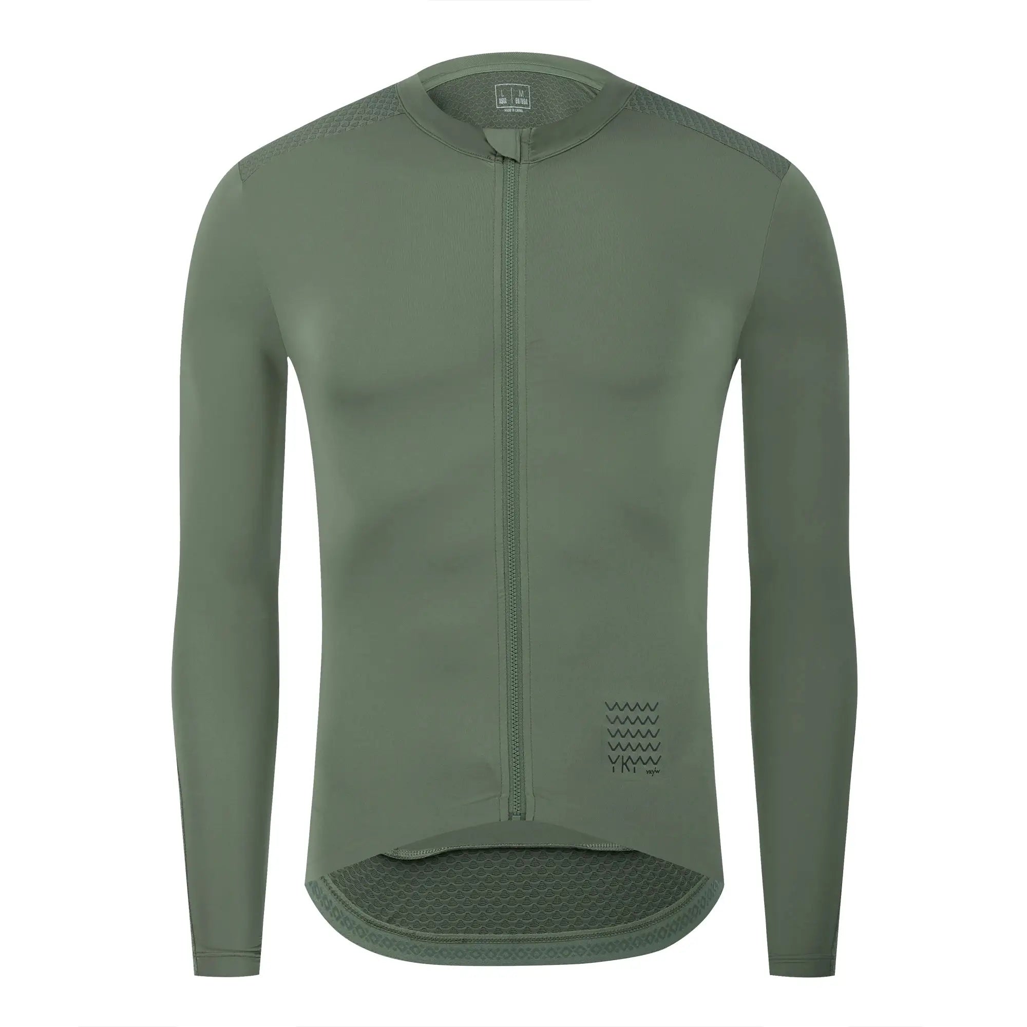YKYWBIKE men's olive green long-sleeve cycling jersey with front zipper and textured shoulder panels, Simples Market.