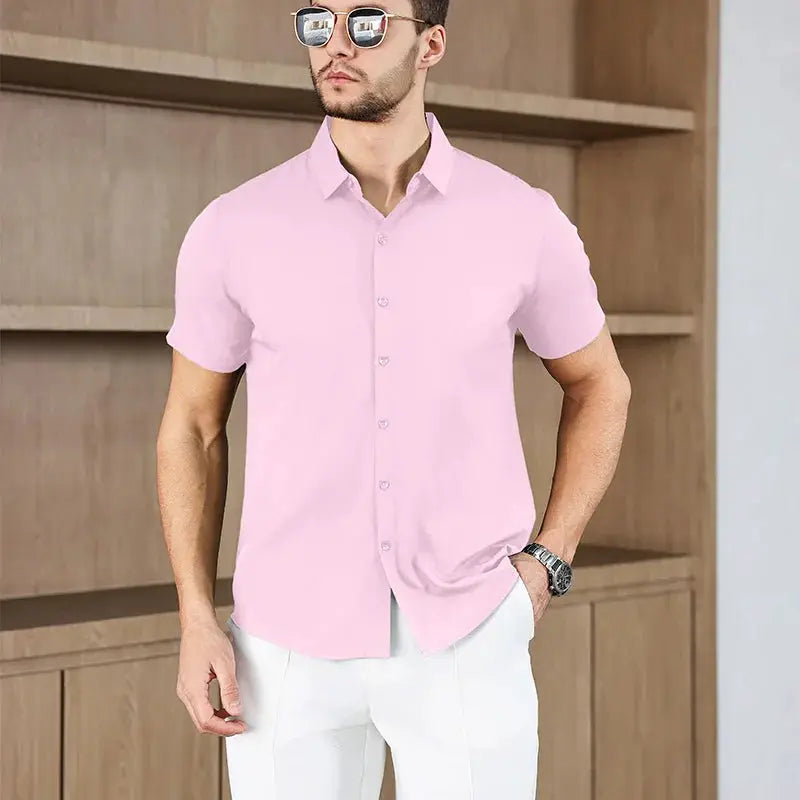 Men's pink short-sleeve button-down shirt, solid color for summer business casual style