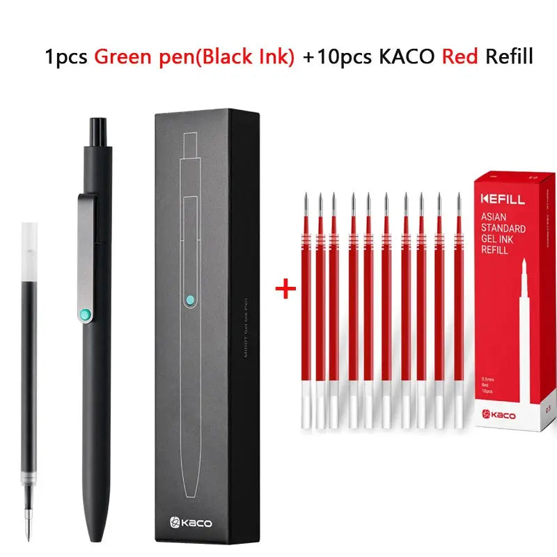 KACO 0.5mm MIDOT gel ink pens set with black body pen, boxed presentation, and 10 red refills