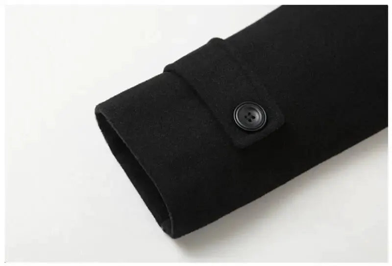 Men's black wool double-breasted overcoat sleeve with button cuff