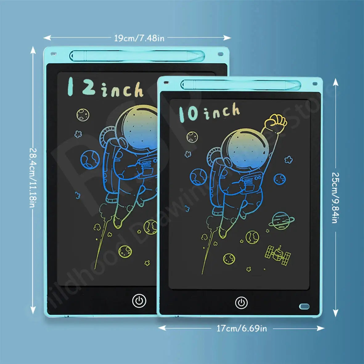 Simples Market LCD drawing tablets, turquoise frames, two tablets: 12-inch and 10-inch with astronaut art