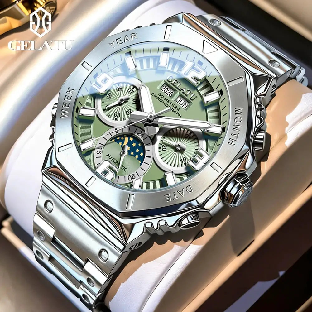 Gelatu men's diving automatic wristwatch with moon phase display, stainless steel case and bracelet.
