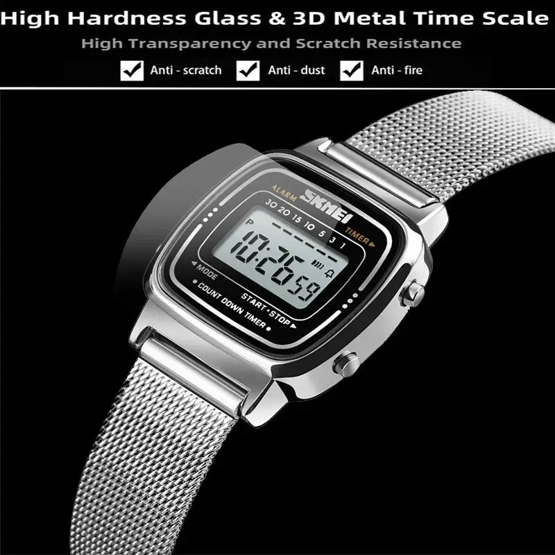 Skmei Women Digital Chronograph Wristwatch Stainless Steel Strap 30M Water Resistant Fashion Timepiece
