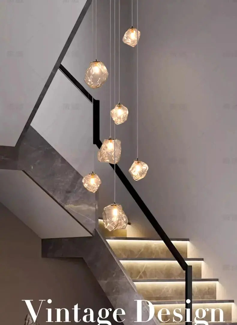 Crystal pendant lights by Simples Market for staircase, set of hanging LED lamps with faceted glass shades