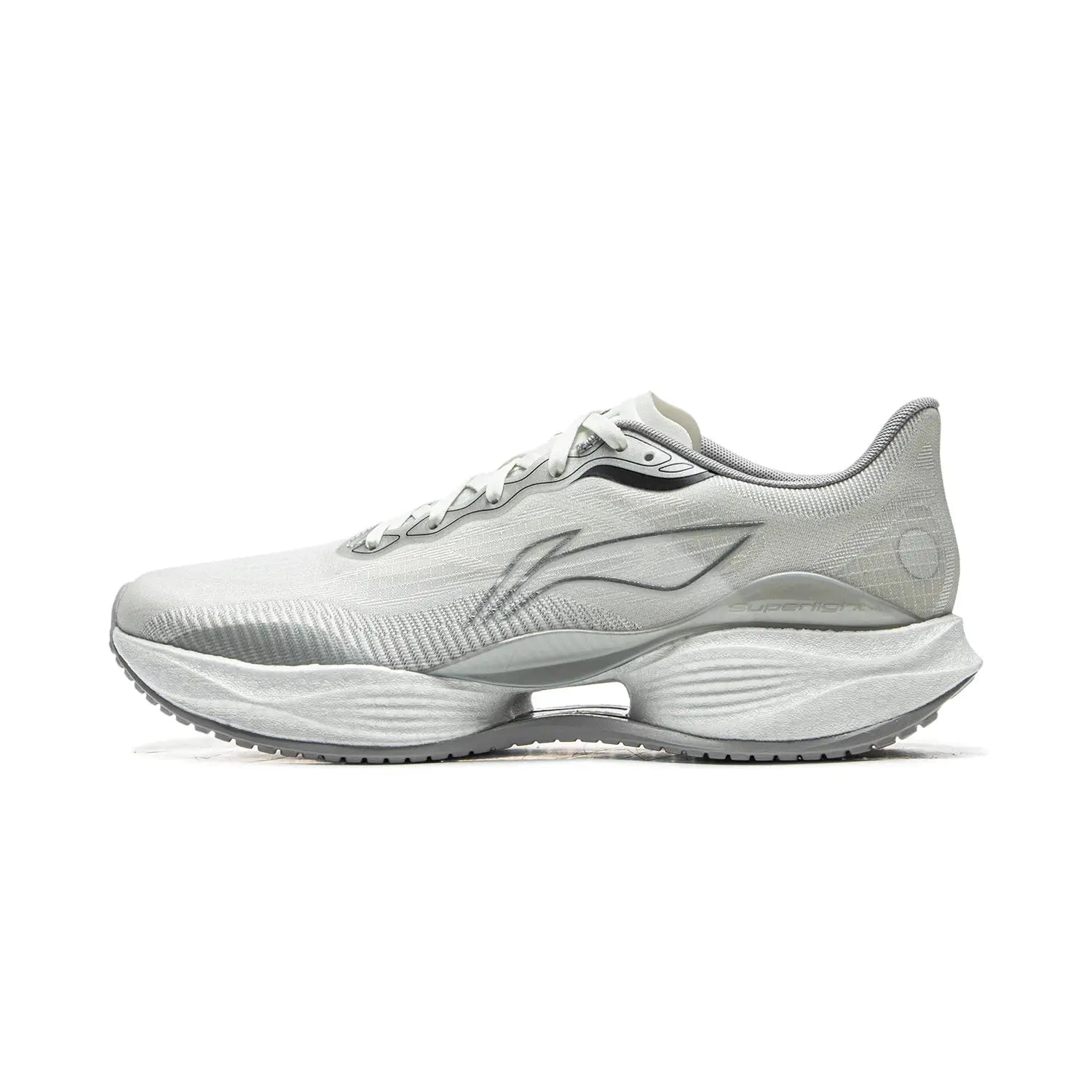Li-Ning men's Super Light 22 running shoes in silver-gray with Li-Ning logo and cushioned midsole
