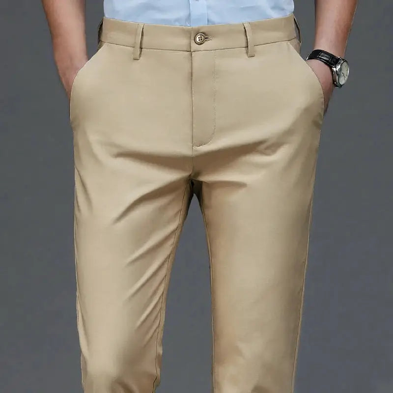 Men's stretch solid beige smart casual trousers for office wear