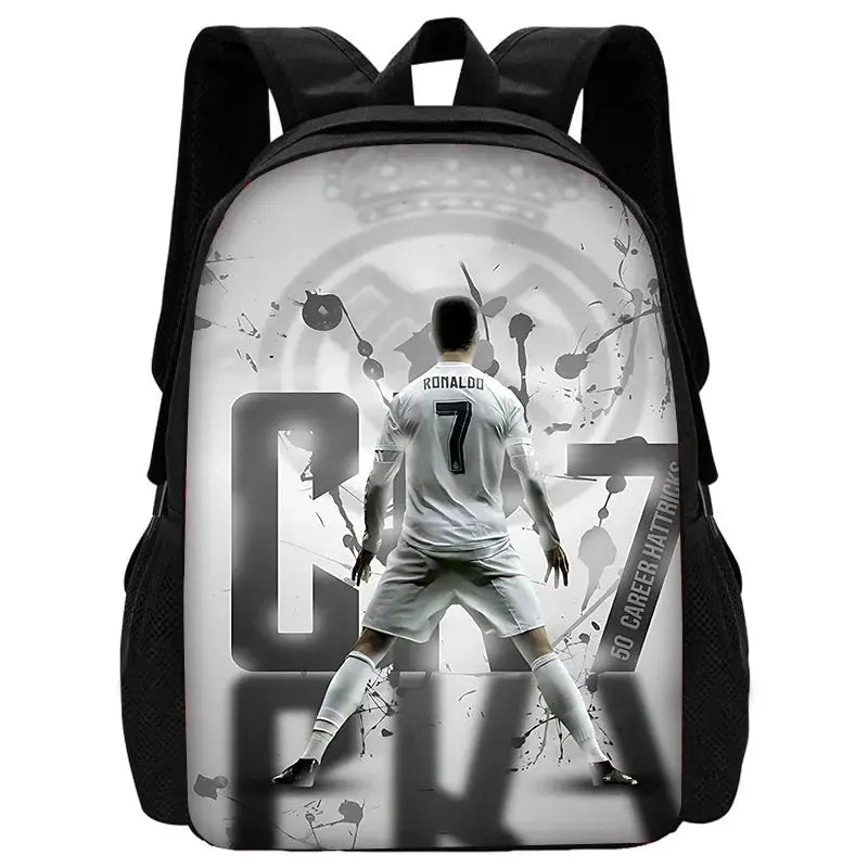 Child school football backpack with grayscale soccer player graphic and black straps