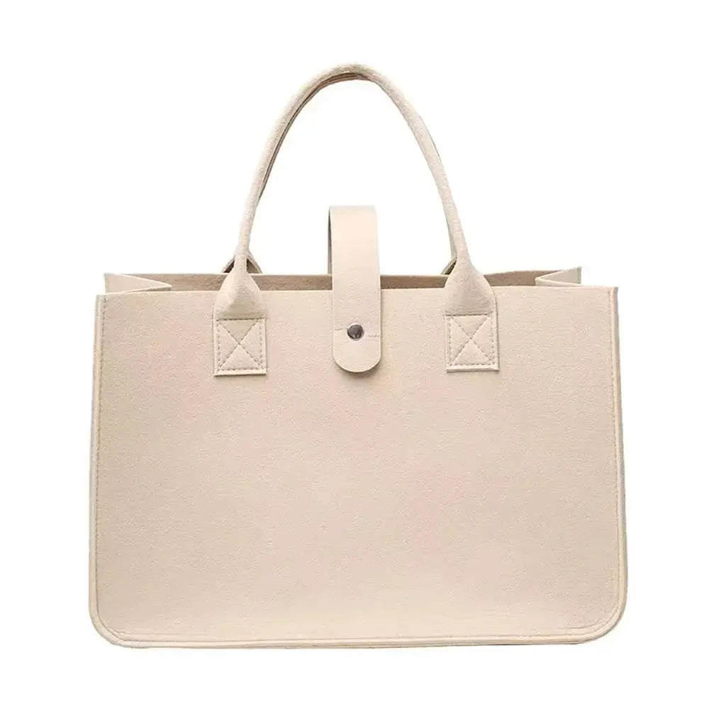 Mummy bag tote beige felt handbag with short dual handles and a front strap tab, large capacity for travel and daily use