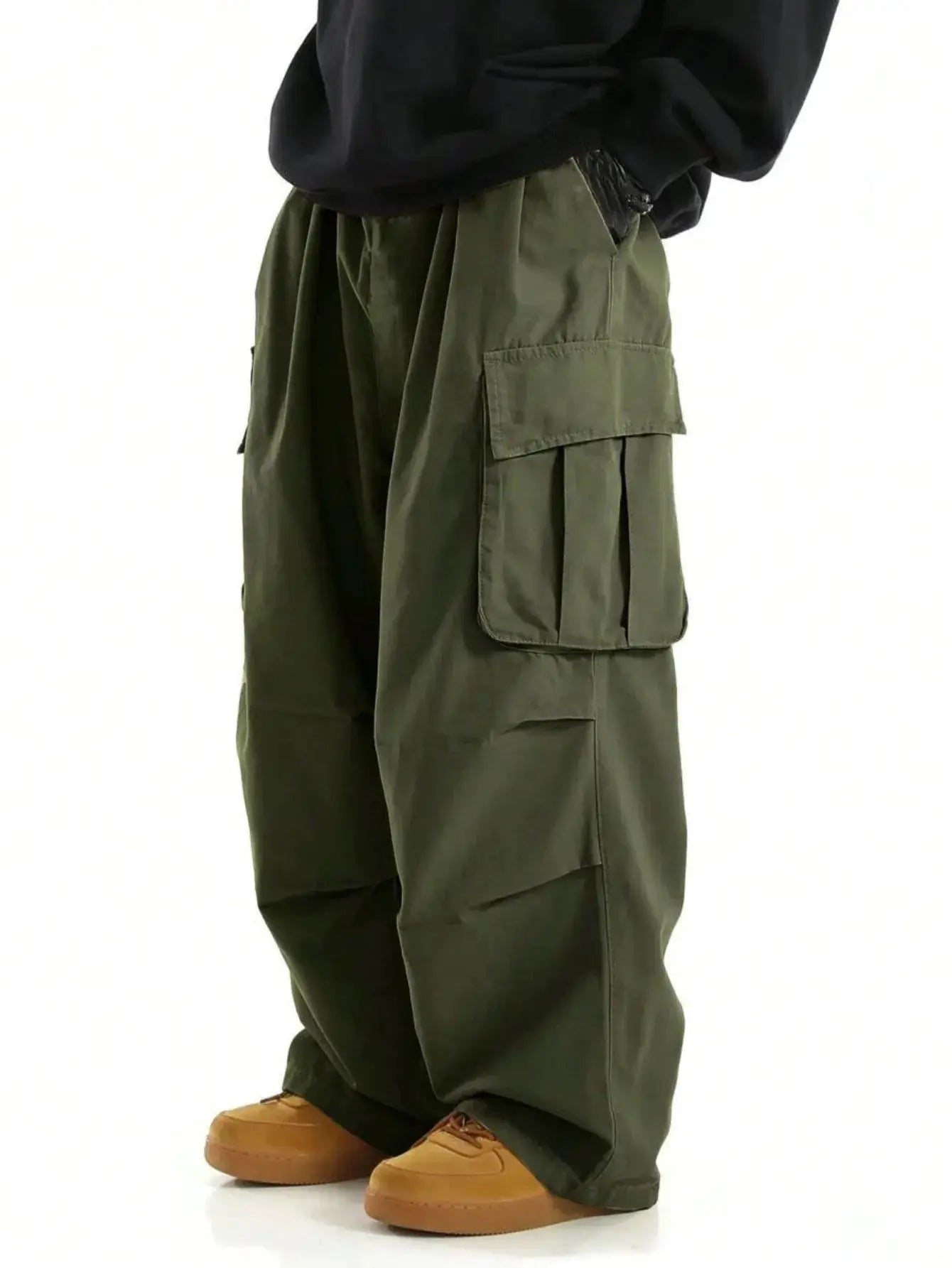 Plus Size Men's workwear cargo trousers in olive green with large side cargo pockets