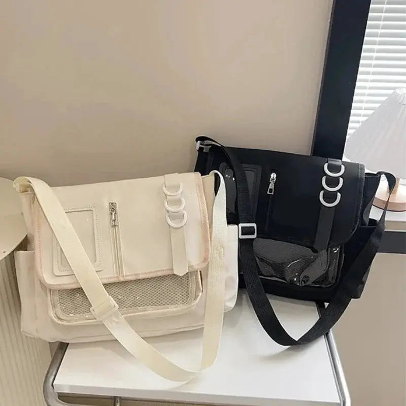 Two Simples Market Y2K Harajuku ita bags for girls, beige and black, crossbody straps with display panels.