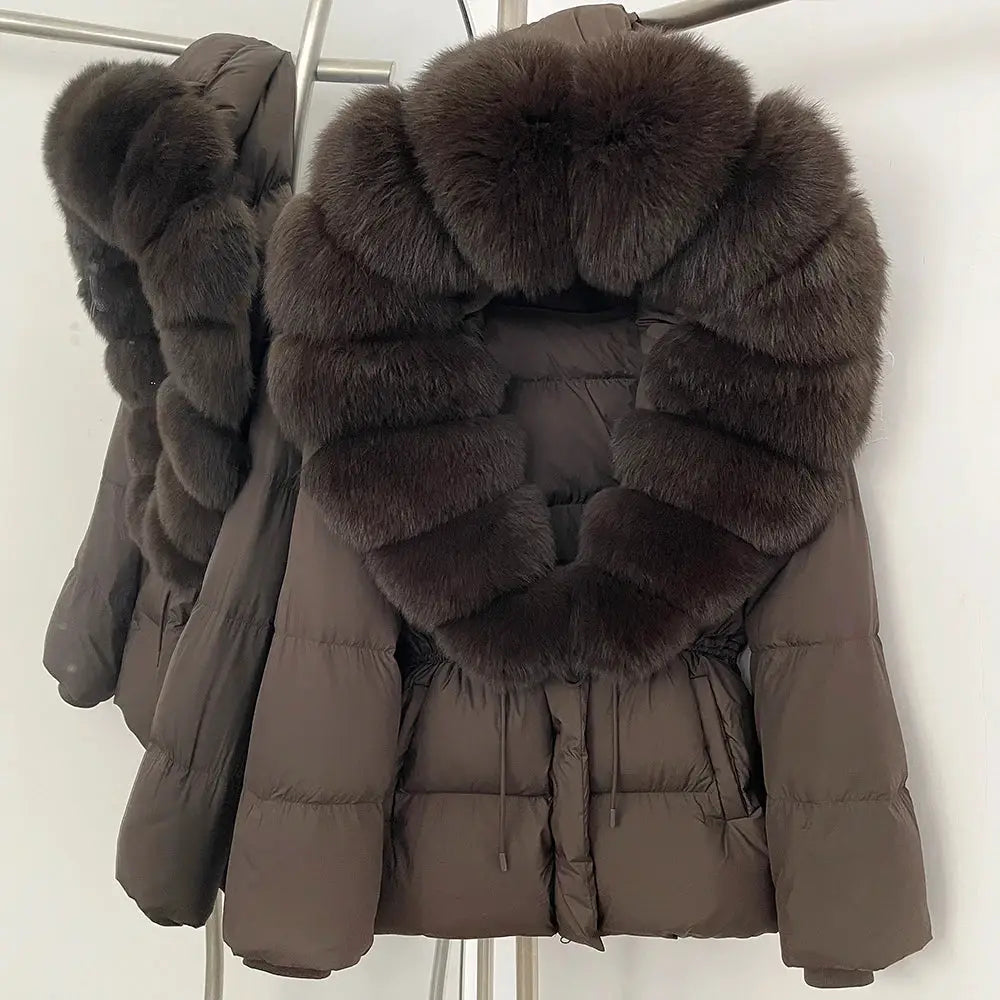 Womens Real Fox Fur Collar Duck Down Coat With Raccoon Fur Trim Hooded Puffer Jacket
