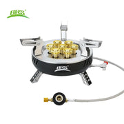 BRS outdoor folding gas stove with seven brass burners, black body, silver top, and hose regulator